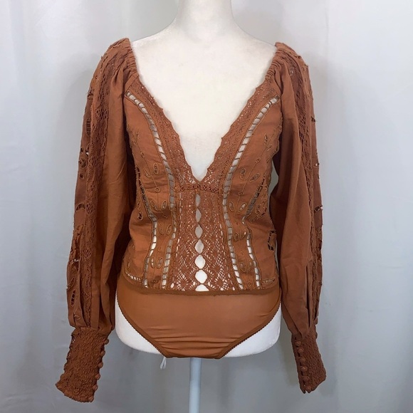 Free People Intimately Regina Brown Eyelet Bodysuit- NWOT - Picture 3 of 17